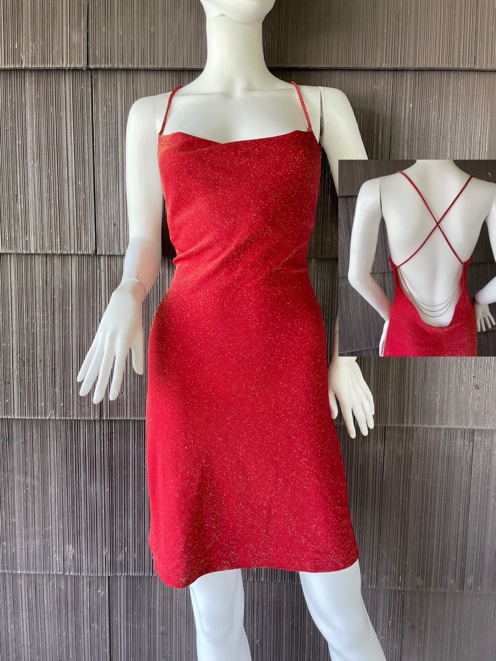 🔥Y2K Frederick’s Of Hollywood Glitter Red Mini Bodycon Dress Crisscross Back